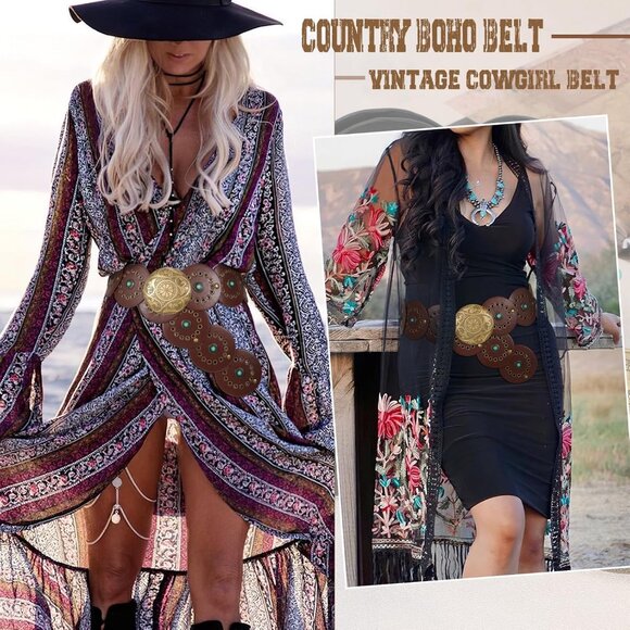 Woman's Western PU Leather Belts Concho Disc Wide Waist Belt Brown Bronze Buckle - Picture 6 of 6